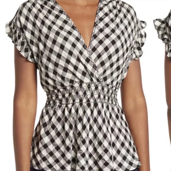 Max Studio Tops - Max Studio Black White Gingham V-Neck Ruffle Sleeve Peplum Blouse Size XS